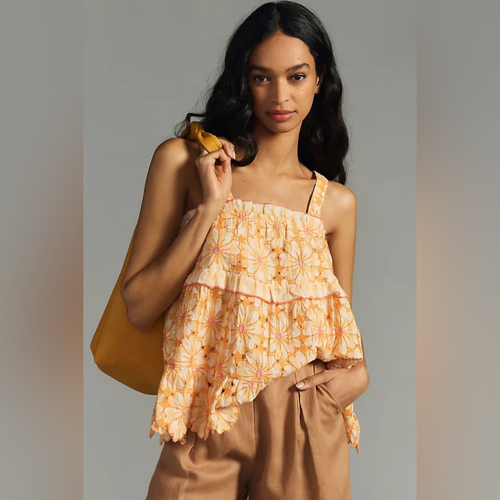 Anthropologie Floral Ruffle Tank Top in Orange and Cream